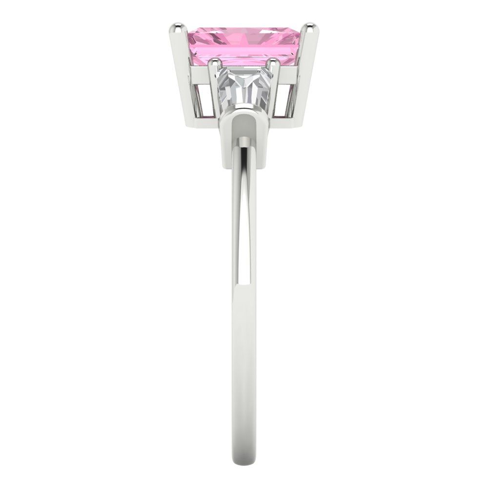 1.5 cttw Zirconia Simulated Pink Diamond Three-Stone Engagement Ring - Solid White Gold (VVS1, Emerald Cut,7.0x5.0mm)