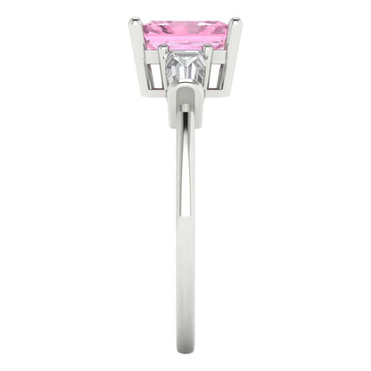 1.5 cttw Zirconia Simulated Pink Diamond Three-Stone Engagement Ring - Solid White Gold (VVS1, Emerald Cut,7.0x5.0mm)