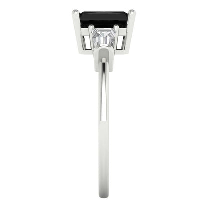 1.5 cttw Natural Onyx Three-Stone Engagement Ring - Solid Gold (Emerald Cut,7.0x5.0mm)