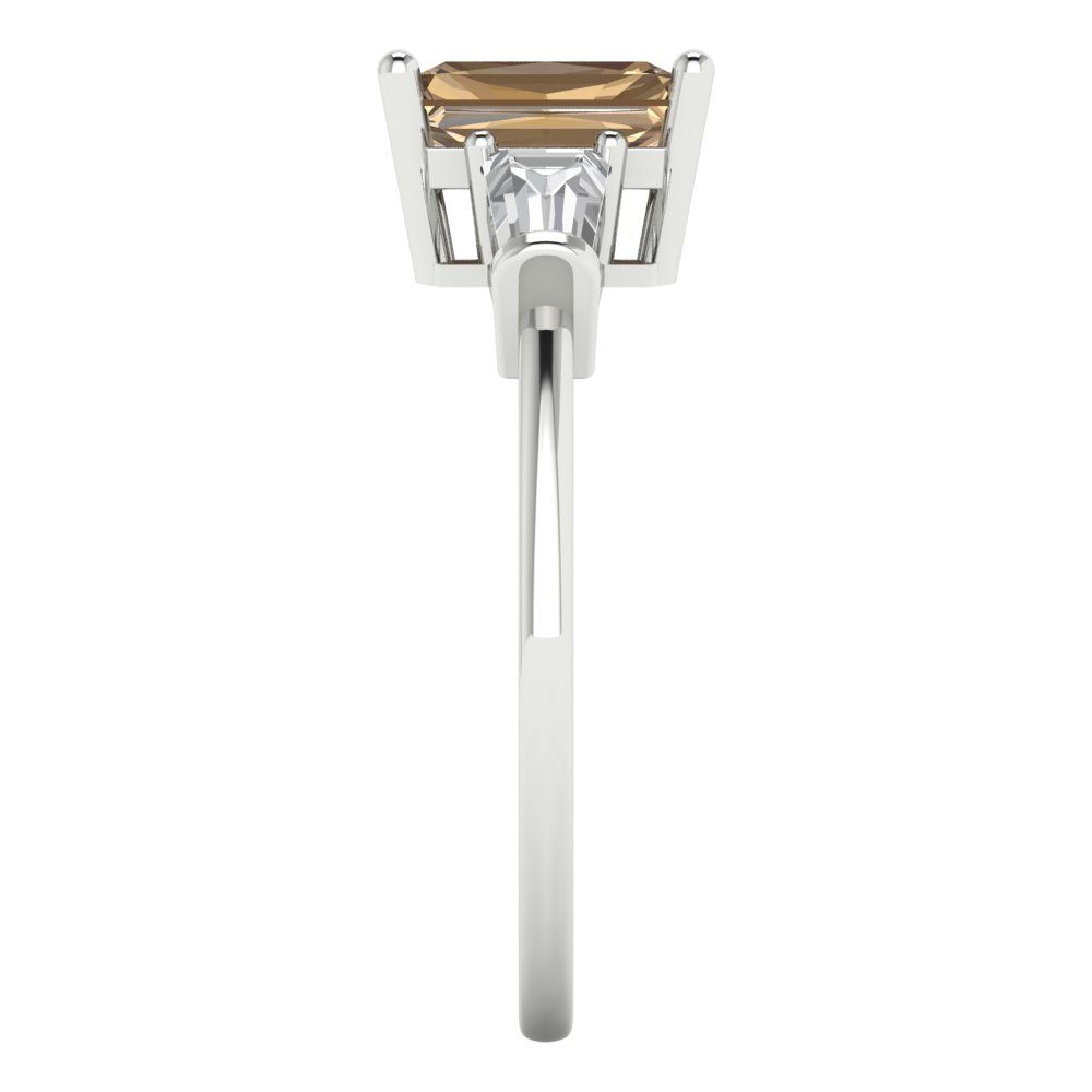 1.5 cttw Zirconia Simulated Champagne Diamond Three-Stone Engagement Ring - Solid White Gold (VVS1, Emerald Cut,7.0x5.0mm)
