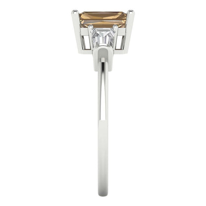 1.5 cttw Zirconia Simulated Champagne Diamond Three-Stone Engagement Ring - Solid White Gold (VVS1, Emerald Cut,7.0x5.0mm)