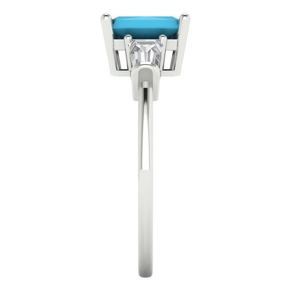 1.5 cttw Simulated Turquoise Three-Stone Engagement Ring - Solid Gold (Emerald Cut,7.0x5.0mm)