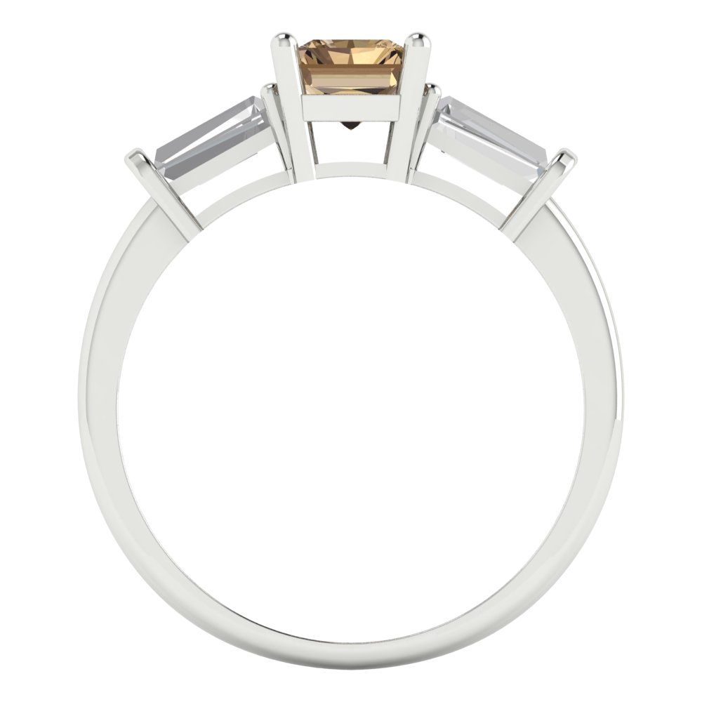 1.5 cttw Zirconia Simulated Champagne Diamond Three-Stone Engagement Ring - Solid White Gold (VVS1, Emerald Cut,7.0x5.0mm)