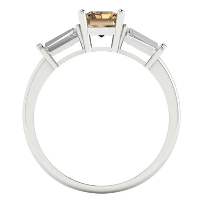 1.5 cttw Zirconia Simulated Champagne Diamond Three-Stone Engagement Ring - Solid White Gold (VVS1, Emerald Cut,7.0x5.0mm)