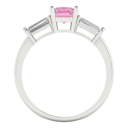 1.5 cttw Zirconia Simulated Pink Diamond Three-Stone Engagement Ring - Solid White Gold (VVS1, Emerald Cut,7.0x5.0mm)