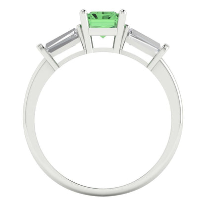 1.5 cttw Zirconia Simulated Green Diamond Three-Stone Engagement Ring - Solid Gold (VVS1, Emerald Cut,7.0x5.0mm)