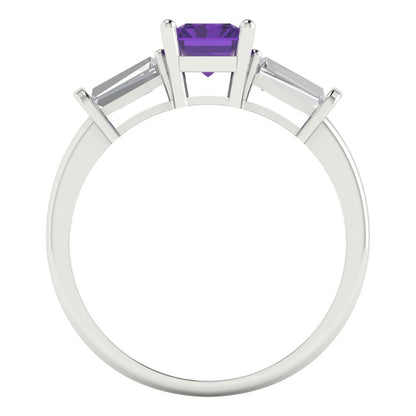 1.5 cttw Natural Amethyst Three-Stone Engagement Ring - Solid Gold (Emerald Cut,7.0x5.0mm)