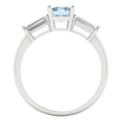 1.5 cttw Zirconia Simulated Blue Diamond Three-Stone Engagement Ring - Solid White Gold (VVS1, Emerald Cut,7.0x5.0mm)