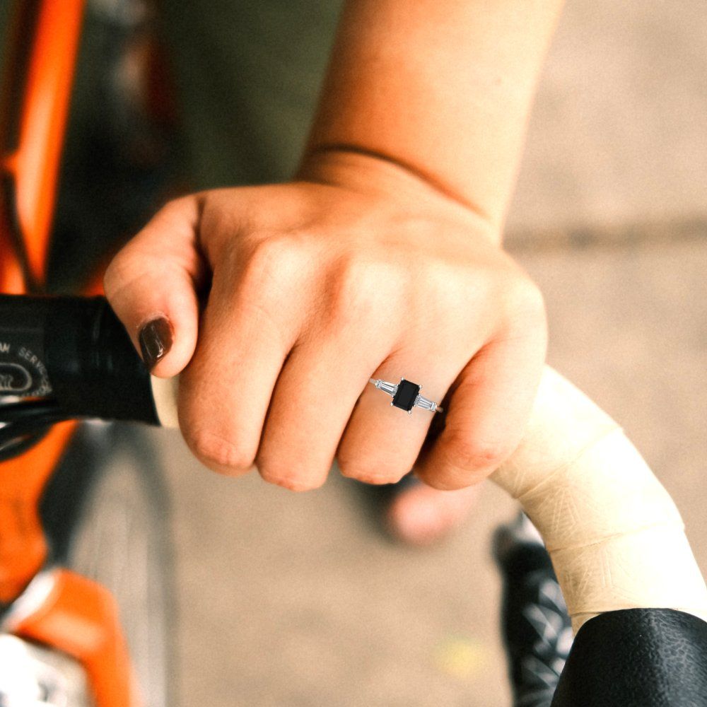 1.5 cttw Natural Onyx Three-Stone Engagement Ring - Solid Gold (Emerald Cut,7.0x5.0mm)
