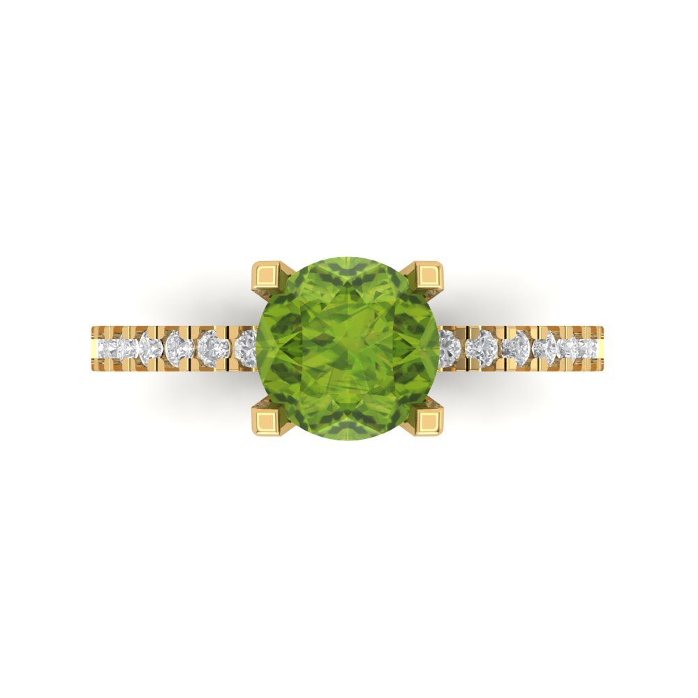 1.71 cttw Natural Peridot Solitaire with Zirconia Simulated Diamond Accents Engagement Ring - Solid Gold (Round Cut,7.5mm)
