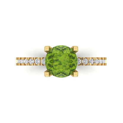 1.71 cttw Natural Peridot Solitaire with Zirconia Simulated Diamond Accents Engagement Ring - Solid Gold (Round Cut,7.5mm)