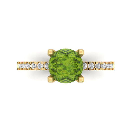 1.71 cttw Natural Peridot Solitaire with Zirconia Simulated Diamond Accents Engagement Ring - Solid Yellow Gold (VVS1, Round Cut,7.5mm)