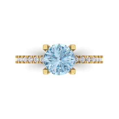 1.71 cttw Natural Sky Blue Topaz Solitaire with Zirconia Simulated Diamond Accents Engagement Ring - Solid Gold (Round Cut,7.5mm)
