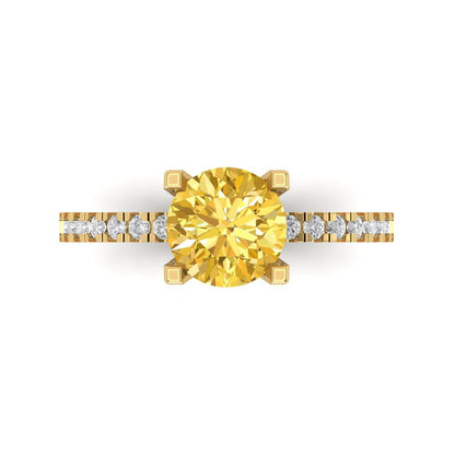 1.71 cttw Natural Citrine Solitaire with Zirconia Simulated Diamond Accents Engagement Ring - Solid Gold (Round Cut,7.5mm)