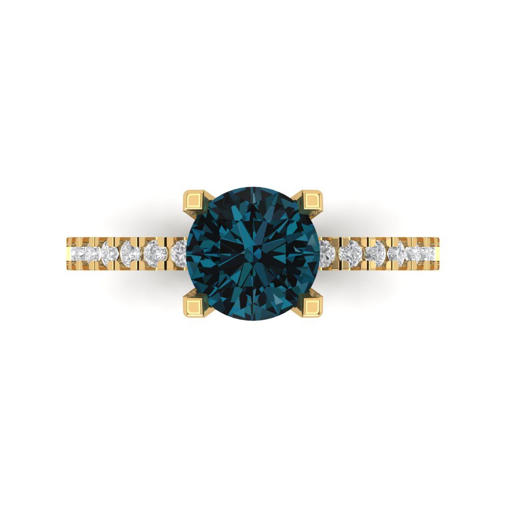 1.71 cttw Natural London Blue Topaz Solitaire with Zirconia Simulated Diamond Accents Engagement Ring - Solid Gold (Round Cut,7.5mm)