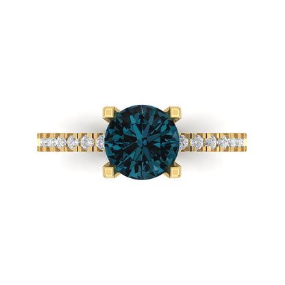 1.71 cttw Natural London Blue Topaz Solitaire with Zirconia Simulated Diamond Accents Engagement Ring - Solid Gold (Round Cut,7.5mm)