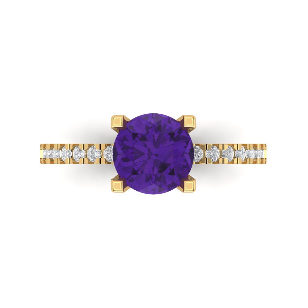 1.71 cttw Natural Amethyst Solitaire with Zirconia Simulated Diamond Accents Engagement Ring - Solid Gold (Round Cut,7.5mm)