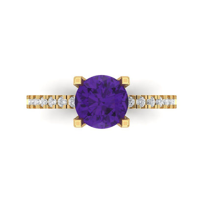 1.71 cttw Natural Amethyst Solitaire with Zirconia Simulated Diamond Accents Engagement Ring - Solid Gold (Round Cut,7.5mm)