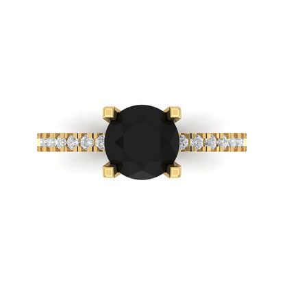 1.71 cttw Natural Onyx Solitaire with Zirconia Simulated Diamond Accents Engagement Ring - Solid Gold (Round Cut,7.5mm)