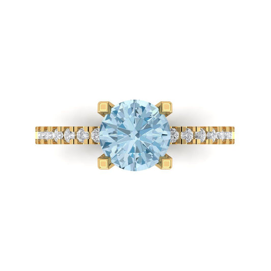 1.71 cttw Natural Aquamarine Solitaire with Zirconia Simulated Diamond Accents Engagement Ring - Solid Yellow Gold (VVS1, Round Cut,7.5mm)
