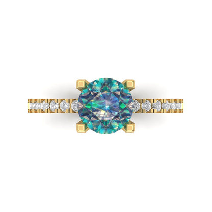 1.71 cttw Blue Moissanite Solitaire with Zirconia Simulated Diamond Accents Engagement Ring - Solid Gold (Round Cut,7.5mm)