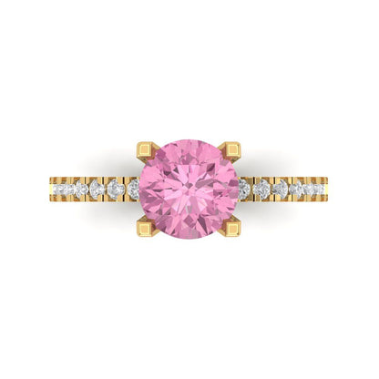 1.71 cttw Zirconia Simulated Pink Diamond Solitaire with Zirconia Simulated Diamond Accents Engagement Ring - Solid Gold (VVS1, Round Cut,7.5mm)