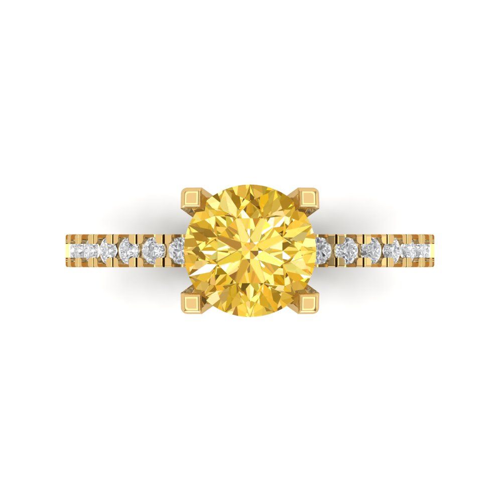 1.71 cttw Zirconia Simulated Yellow Diamond Solitaire with Zirconia Simulated Diamond Accents Engagement Ring - Solid Gold (VVS1, Round Cut,7.5mm)
