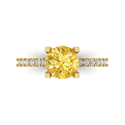 1.71 cttw Zirconia Simulated Yellow Diamond Solitaire with Zirconia Simulated Diamond Accents Engagement Ring - Solid Gold (VVS1, Round Cut,7.5mm)