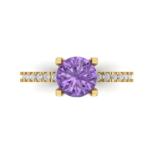 1.71 cttw Simulated Alexandrite Solitaire with Zirconia Simulated Diamond Accents Engagement Ring - Solid Yellow Gold (VVS1, Round Cut,7.5mm)
