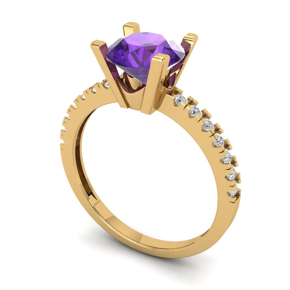 1.71 cttw Natural Amethyst Solitaire with Zirconia Simulated Diamond Accents Engagement Ring - Solid Gold (Round Cut,7.5mm)