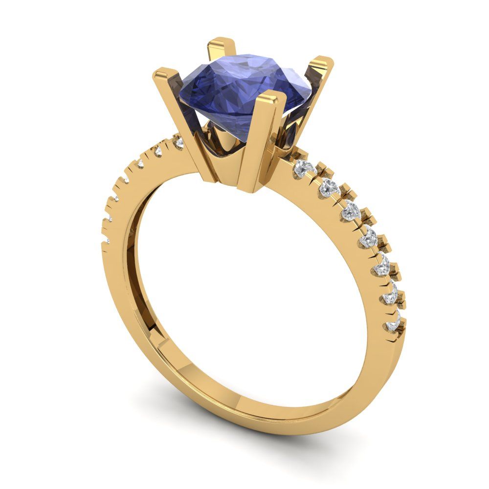 1.71 cttw Simulated Tanzanite Solitaire with Zirconia Simulated Diamond Accents Engagement Ring - Solid Gold (Round Cut,7.5mm)