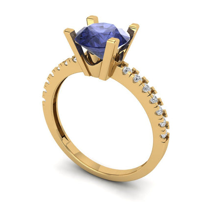 1.71 cttw Simulated Tanzanite Solitaire with Zirconia Simulated Diamond Accents Engagement Ring - Solid Gold (Round Cut,7.5mm)