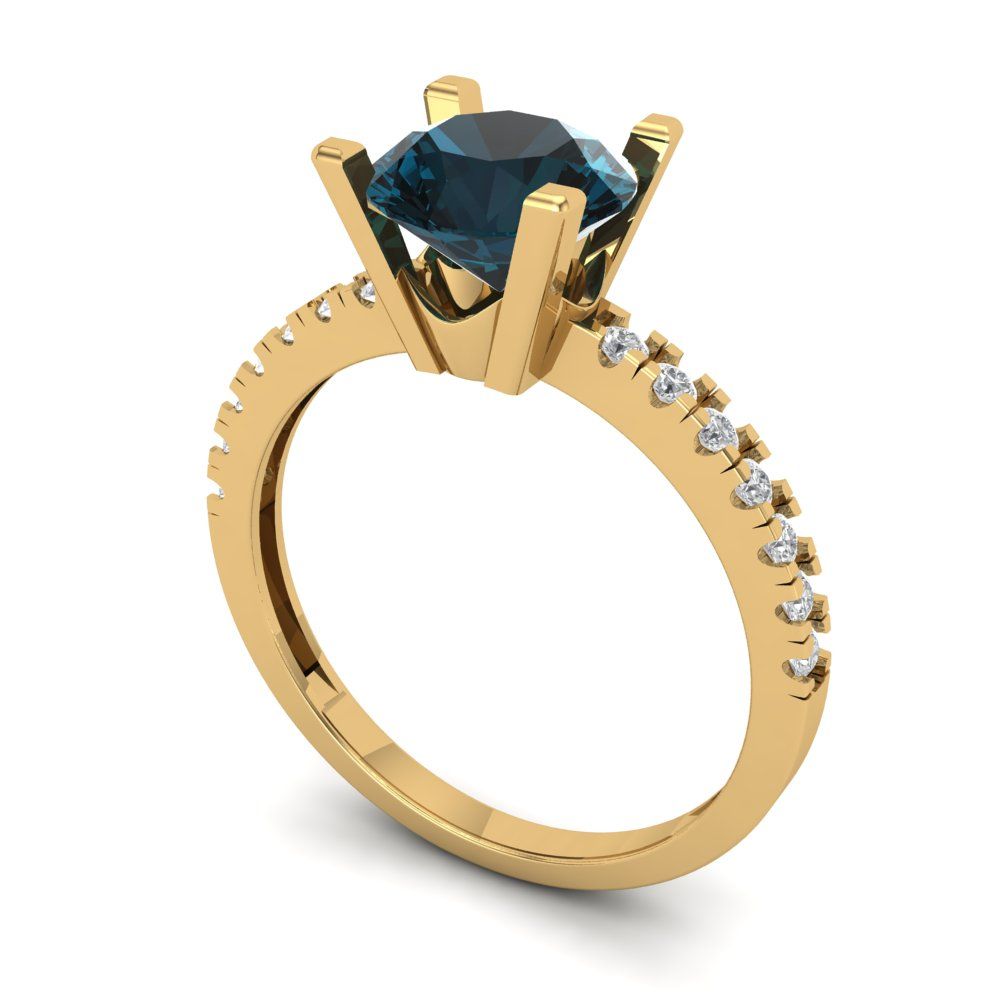 1.71 cttw Natural London Blue Topaz Solitaire with Zirconia Simulated Diamond Accents Engagement Ring - Solid Gold (Round Cut,7.5mm)