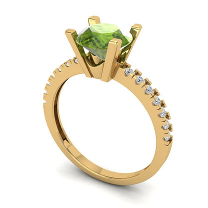 1.71 cttw Natural Peridot Solitaire with Zirconia Simulated Diamond Accents Engagement Ring - Solid Gold (Round Cut,7.5mm)