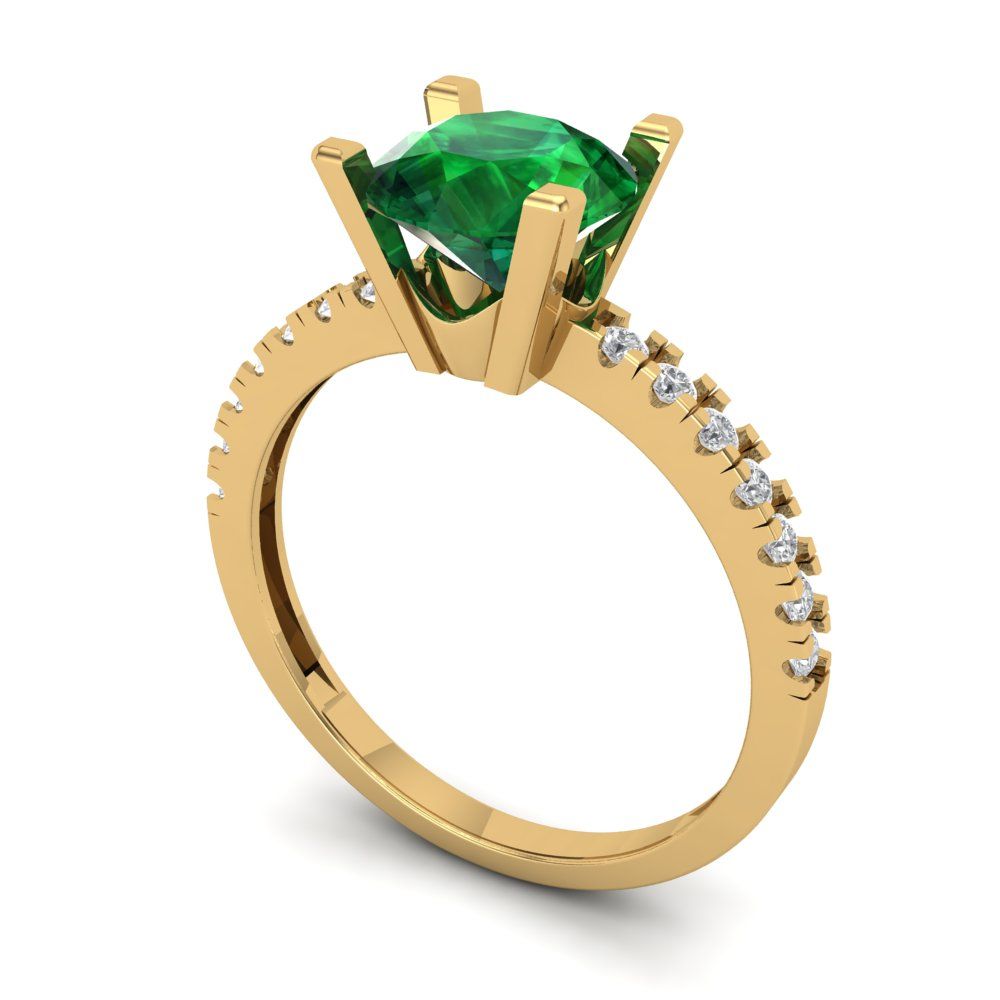 1.71 cttw Simulated Emerald Solitaire with Zirconia Simulated Diamond Accents Engagement Ring - Solid Gold (Round Cut,7.5mm)