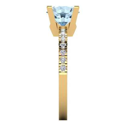 1.71 cttw Natural Swiss Blue Topaz Solitaire with Zirconia Simulated Diamond Accents Engagement Ring - Solid Gold (Round Cut,7.5mm)
