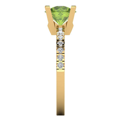 1.71 cttw Natural Peridot Solitaire with Zirconia Simulated Diamond Accents Engagement Ring - Solid Gold (Round Cut,7.5mm)