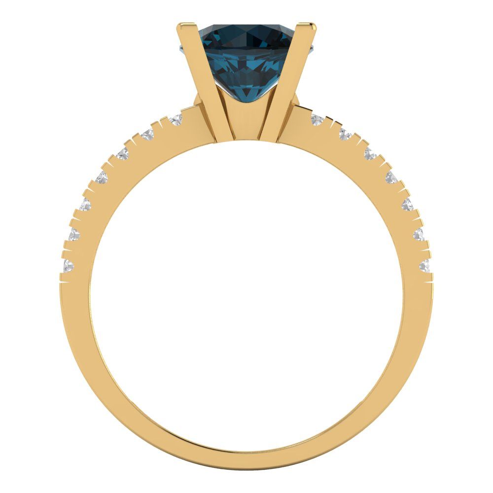 1.71 cttw Natural London Blue Topaz Solitaire with Zirconia Simulated Diamond Accents Engagement Ring - Solid Gold (Round Cut,7.5mm)