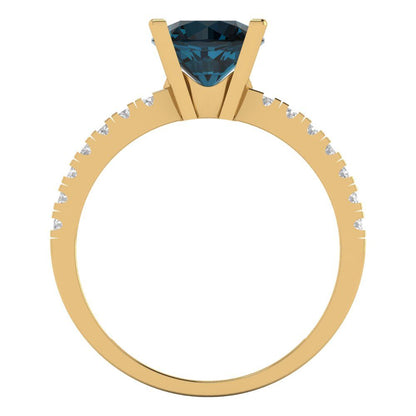 1.71 cttw Natural London Blue Topaz Solitaire with Zirconia Simulated Diamond Accents Engagement Ring - Solid Gold (Round Cut,7.5mm)