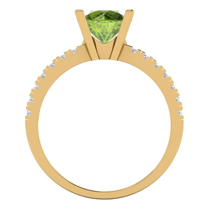 1.71 cttw Natural Peridot Solitaire with Zirconia Simulated Diamond Accents Engagement Ring - Solid Gold (Round Cut,7.5mm)