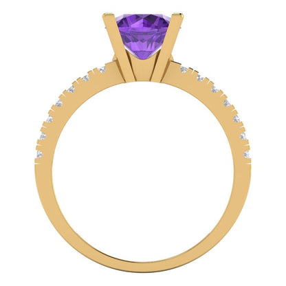 1.71 cttw Natural Amethyst Solitaire with Zirconia Simulated Diamond Accents Engagement Ring - Solid Gold (Round Cut,7.5mm)