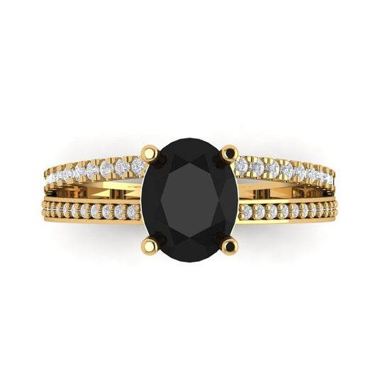 2.32 cttw Natural Onyx Solitaire with Zirconia Simulated Diamond Accents Engagement Ring - Solid Yellow Gold (VVS1, Oval Cut,9X7mm)