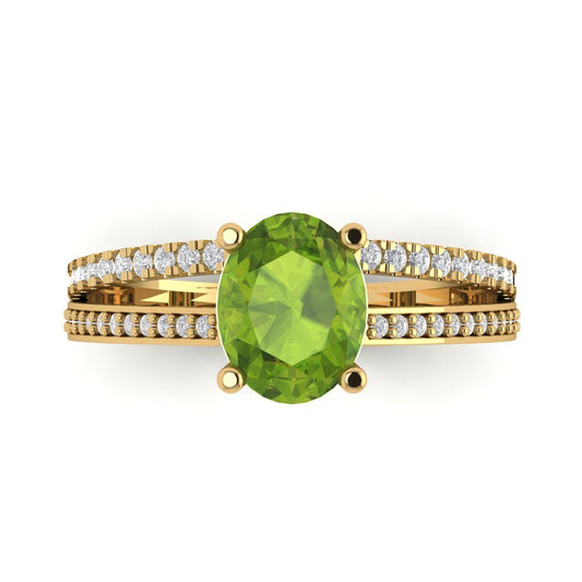 2.32 cttw Natural Peridot Solitaire with Zirconia Simulated Diamond Accents Engagement Ring - Solid Yellow Gold (VVS1, Oval Cut,9X7mm)