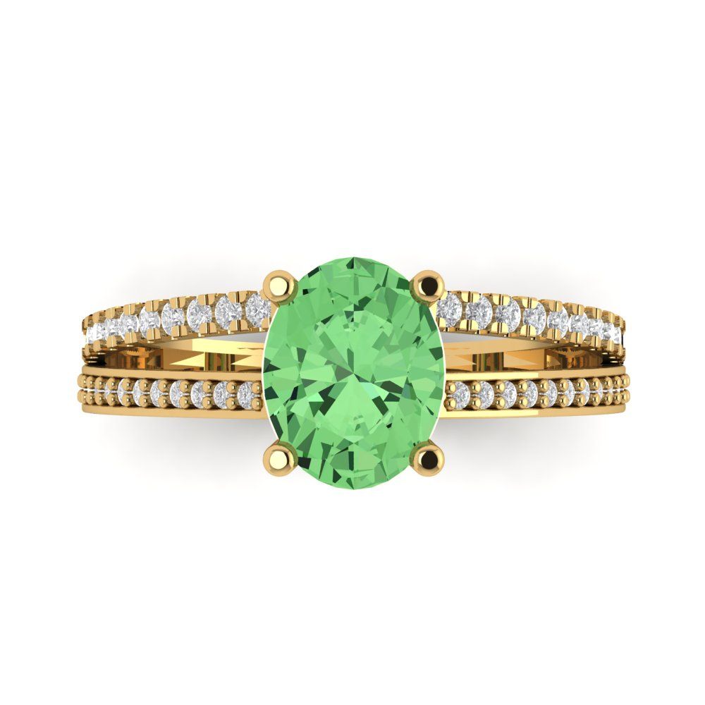 2.32 cttw Zirconia Simulated Green Diamond Solitaire with Zirconia Simulated Diamond Accents Engagement Ring - Solid Gold (VVS1, Oval Cut,9X7mm)