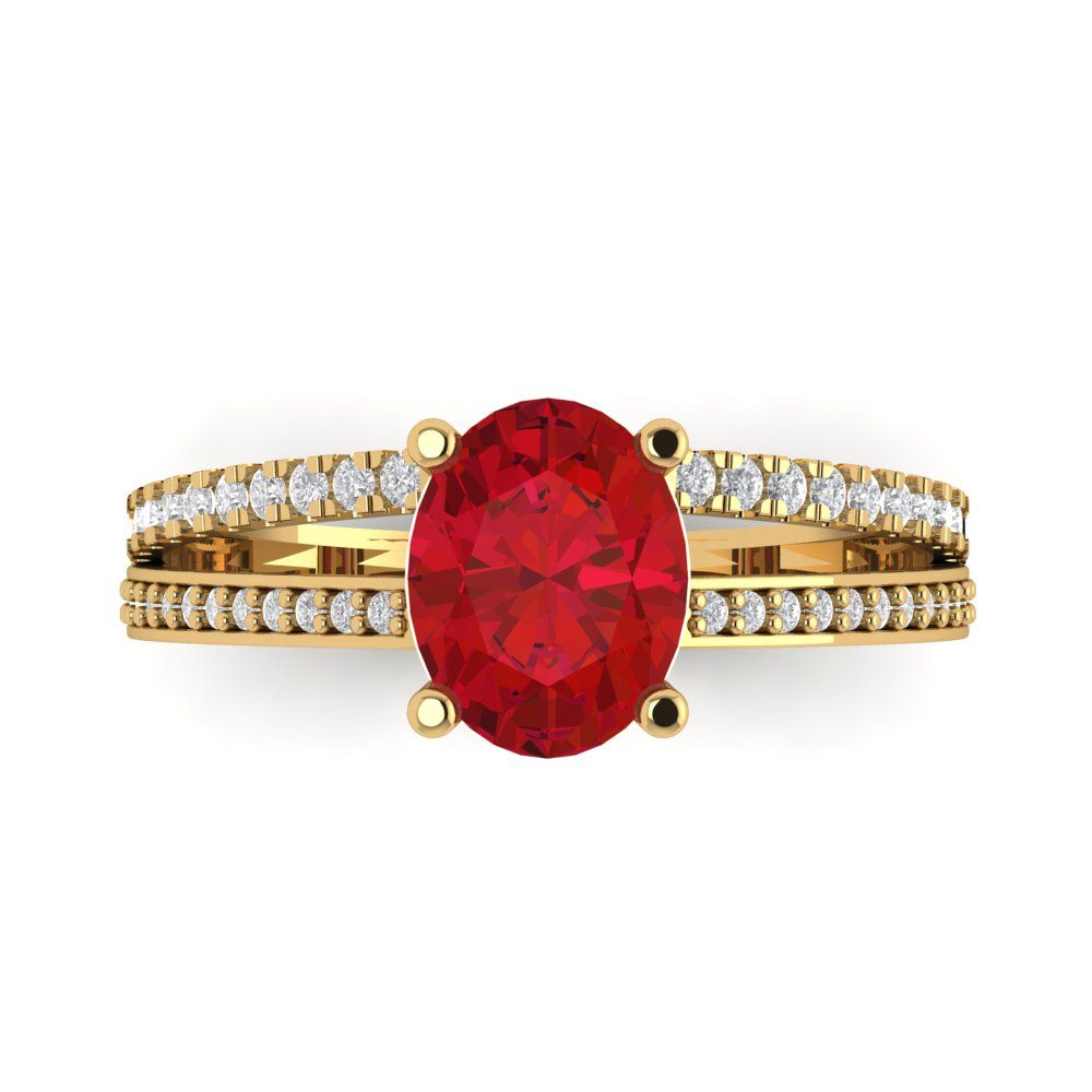 2.32 cttw Simulated Ruby Solitaire with Zirconia Simulated Diamond Accents Engagement Ring - Solid Gold (Oval Cut,9X7mm)