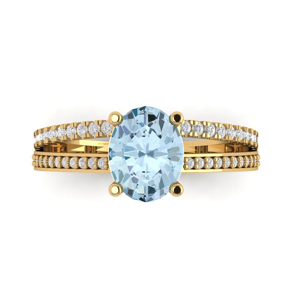 2.32 cttw Natural Aquamarine Solitaire with Zirconia Simulated Diamond Accents Engagement Ring - Solid Gold (Oval Cut,9X7mm)