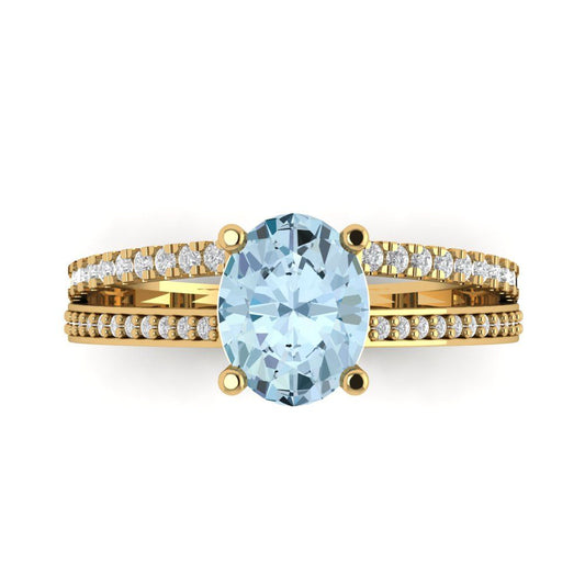 2.32 cttw Natural Aquamarine Solitaire with Zirconia Simulated Diamond Accents Engagement Ring - Solid Yellow Gold (VVS1, Oval Cut,9X7mm)
