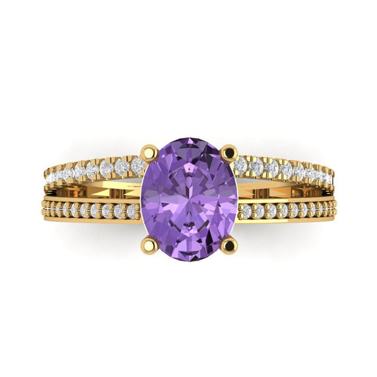 2.32 cttw Simulated Alexandrite Solitaire with Zirconia Simulated Diamond Accents Engagement Ring - Solid Yellow Gold (VVS1, Oval Cut,9X7mm)
