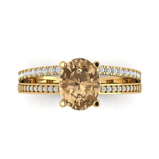 2.32 cttw Zirconia Simulated Champagne Diamond Solitaire with Zirconia Simulated Diamond Accents Engagement Ring - Solid Yellow Gold (VVS1, Oval Cut,9X7mm)