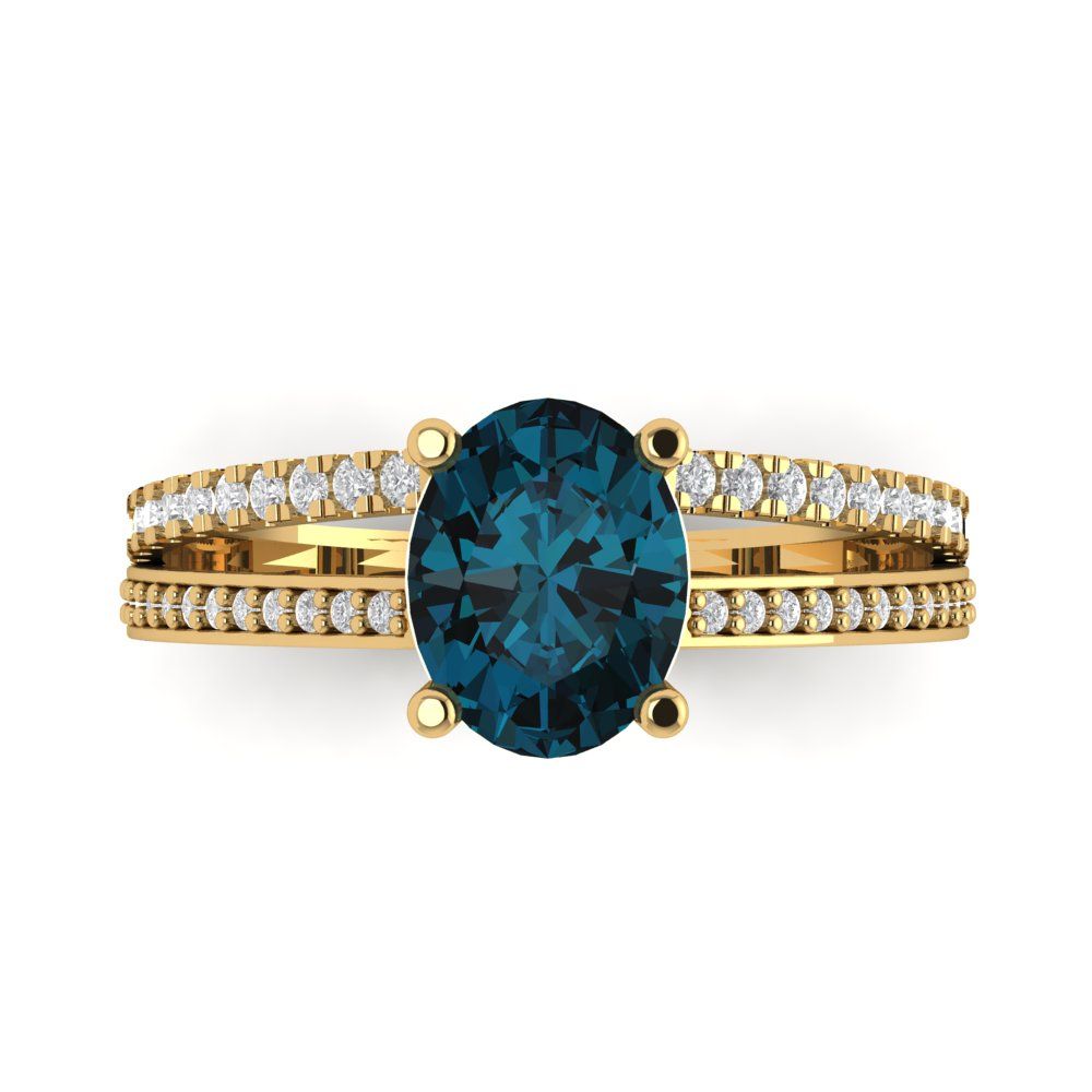 2.32 cttw Natural London Blue Topaz Solitaire with Zirconia Simulated Diamond Accents Engagement Ring - Solid Gold (Oval Cut,9X7mm)